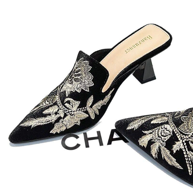 Туфли на высоком каблуке с острым носком, летняя новинка, новая китайская вышивка тяжелой промышленности, вышитые туфли класса люкс для женщин