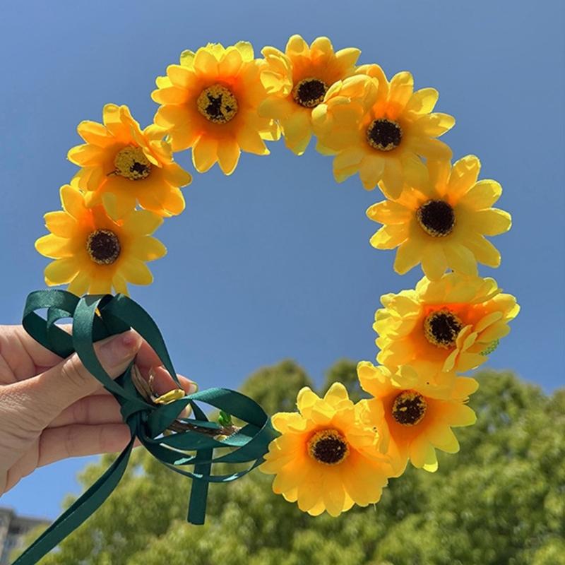 Realistic Sunflower Garland Headband Bohemian Crown Headpiece Tiaras Flower Hairband Women Wedding Party Accessories