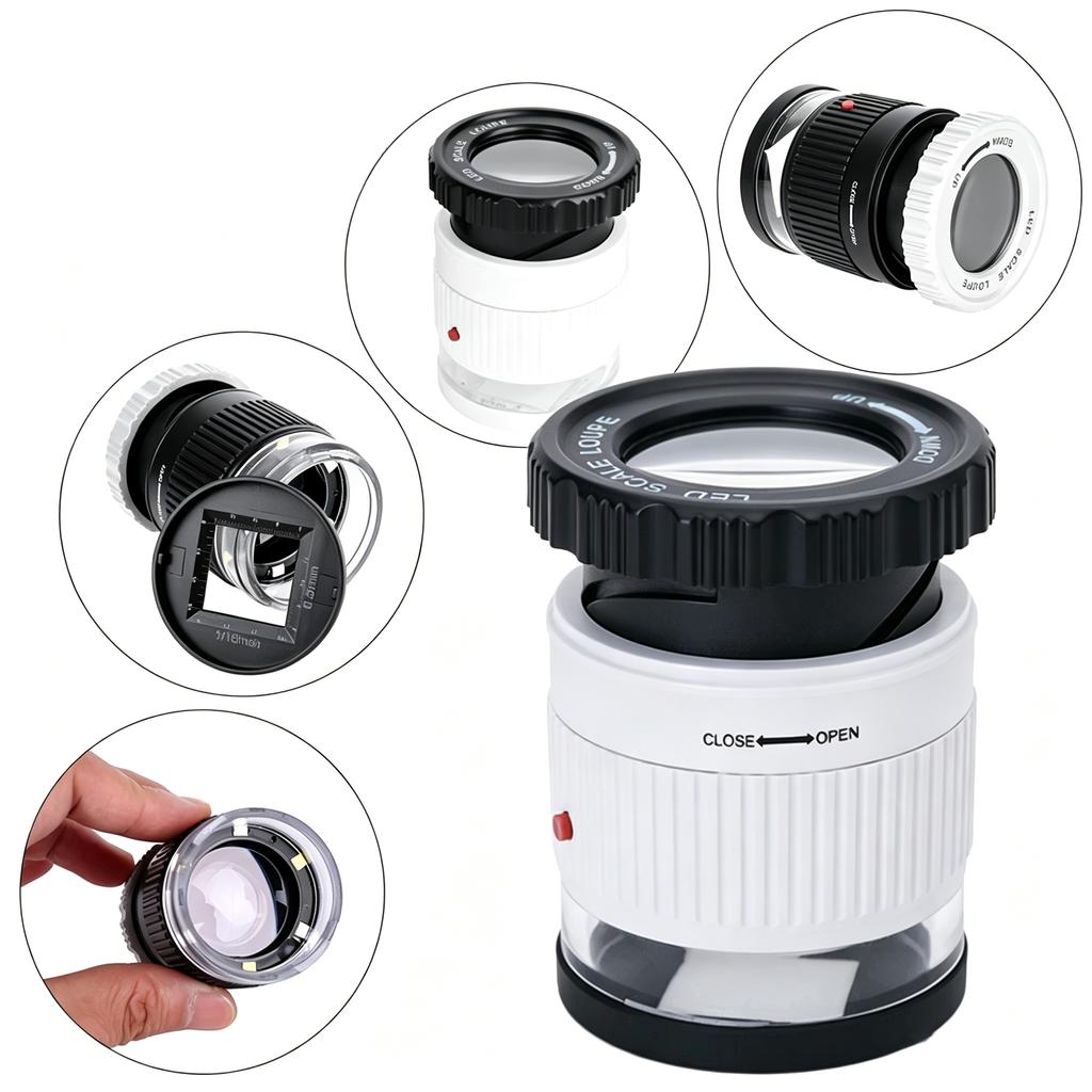 LED Scale Loupe 30X Adjustable Focal HD Magnifier Cylindrical Handheld Magnifying Glass with Scale Jewelry Magnifier Mini Lupa