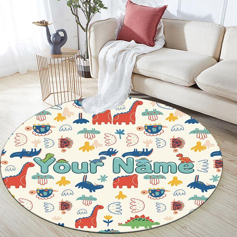 Custom Name,Cute Cartoon Dinosaur pattern round rug,Carpet Rug for Living Room Bedroom Playroom ,Non-slip Floor Mat,Holiday Gifts and Birthday Gifts.