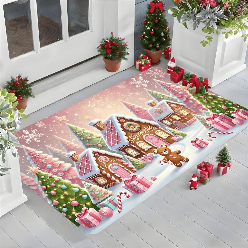 Pink Gingerbread House Doormat Plush Soft Rug, Candy Cane Snowflake Design Machine Washable Door Carpet for Winter Decor