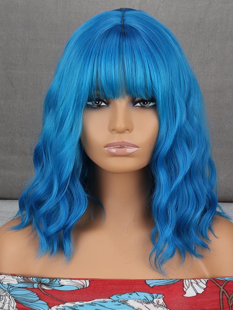 MERISIHAIR Women Fashion Shoulder Length Natural Water Wave Wig with Bangs Synthetic Purple Blue Black White Wavy Wig