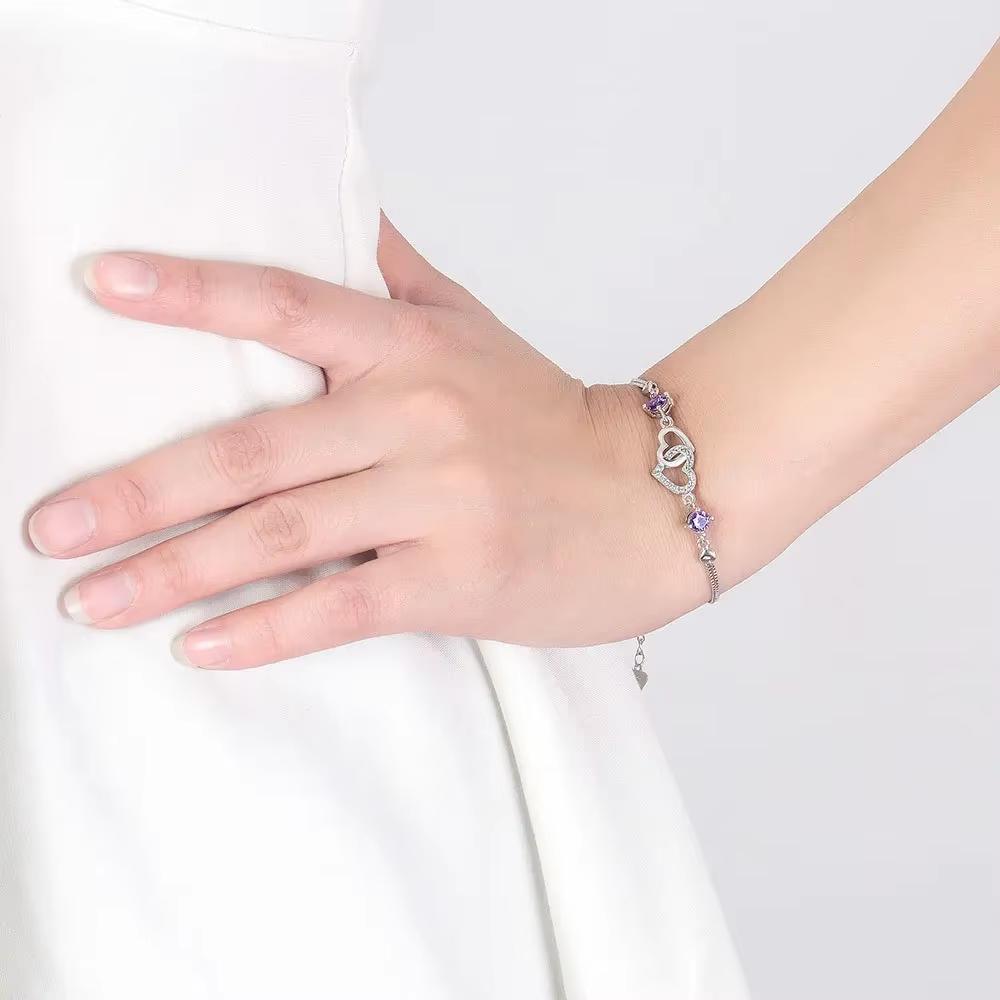 S925 Silver Bracelet Inlaid With Amethyst Embellished With Zircon Heart-Shaped Women's Bracelet Evening Luxury Jewelry