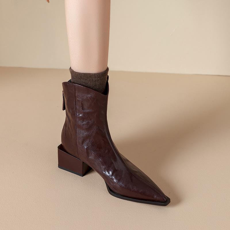 Плиссированные ретро-ковбойские сапоги с острым толстым каблуком, модные короткие сапоги 2024 года, осень и зима, новые коричневые сапоги с квадратным каблуком