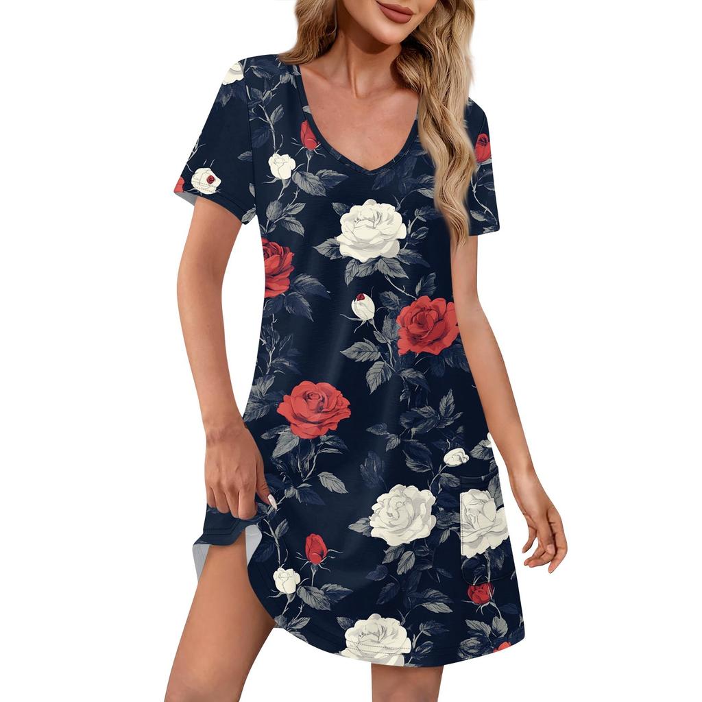 Women's Fashion Casual Printed With Pockets Bohemian Beach V-Neck Short Sleeve Dresses