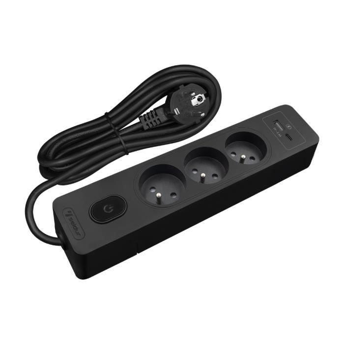 Multiprise - SELDUR - G3FU22S - 3 prises type E - Interrupteur - USB A+C 12W - Noir