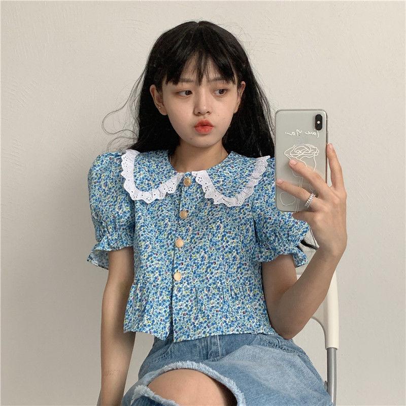 Летний шикарный винтажный топ с воротником «Питер Пэн», женская рубашка в консервативном стиле, кружевные лоскутные повседневные универсальные популярные милые топы