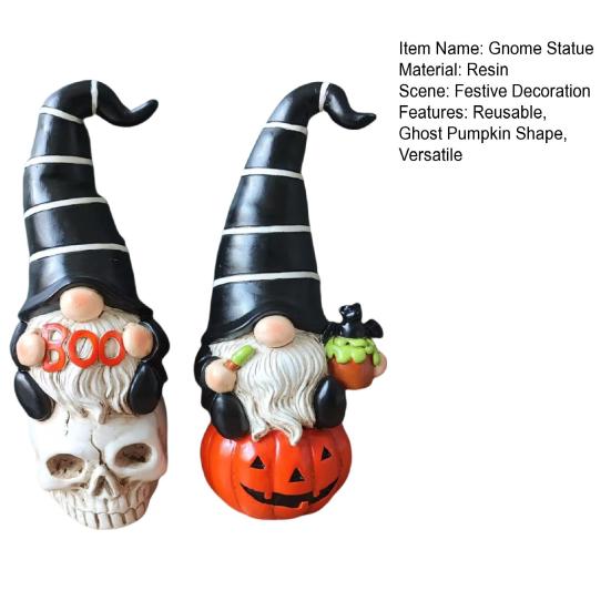 1 Pair Halloween Gnome Statue Ghost Skull Pumpkin Shape Resin Figure Festive Atmosphere Halloween Decoration