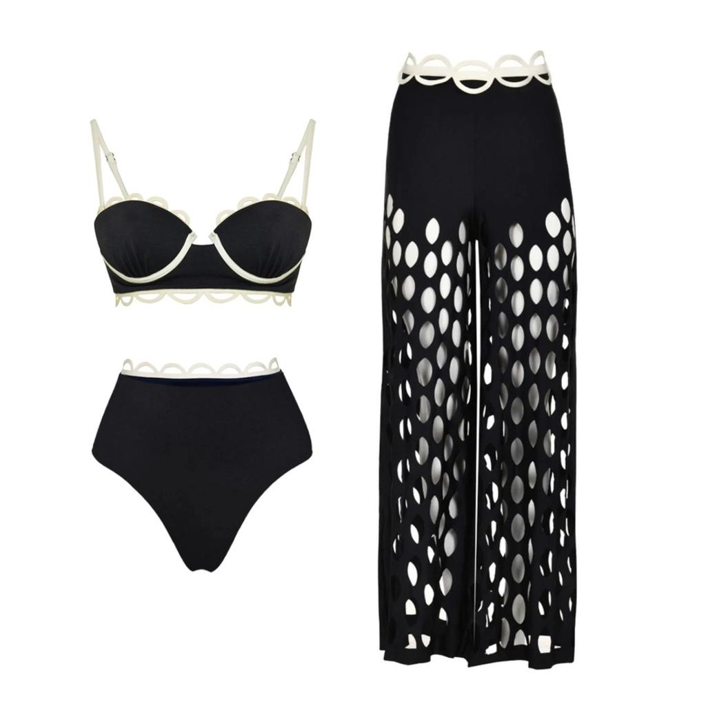 1011 European and American bikini new black niche high-end hollow beach pants split swimsuit set 19110