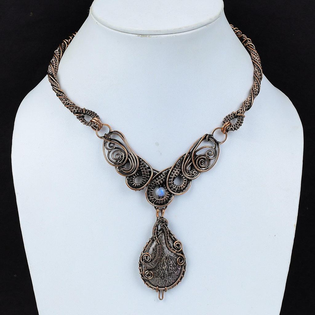 Ожерелье из кости динозавра и драгоценного камня, ожерелье из медной проволоки, медные украшения, ожерелье из лунного камня, подарок на годовщину, ювелирные изделия ручной работы из проволочной обмотки