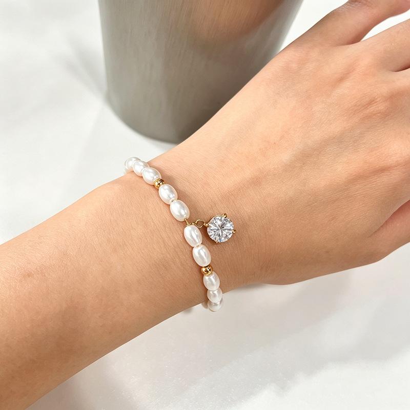 Elegant New Arrival 18K Gold Plated Pearl Beads Chain Bracelets Stainless Steel Zircon Geometric Pendant Bracelets Jewelry Gift