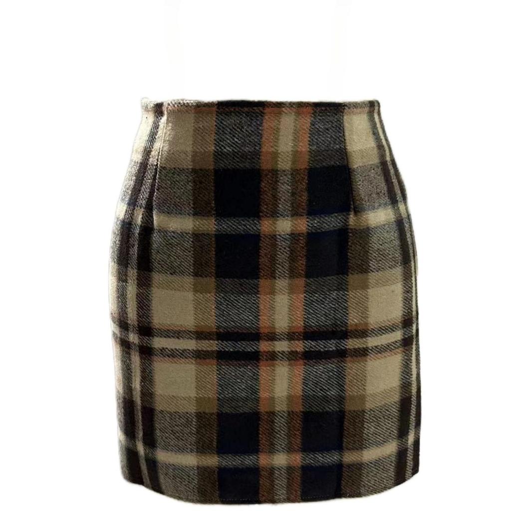 Women's, High Waisted, Plaid Skirt, Tight Fitting, Pencil, Wool, Mini Skirt