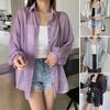 Summer Sun Protection Shirt Lapel Long Sleeve Button Down Shirt Pearlescent Chiffon Sunscreen Jacket Cover-up Outerwear