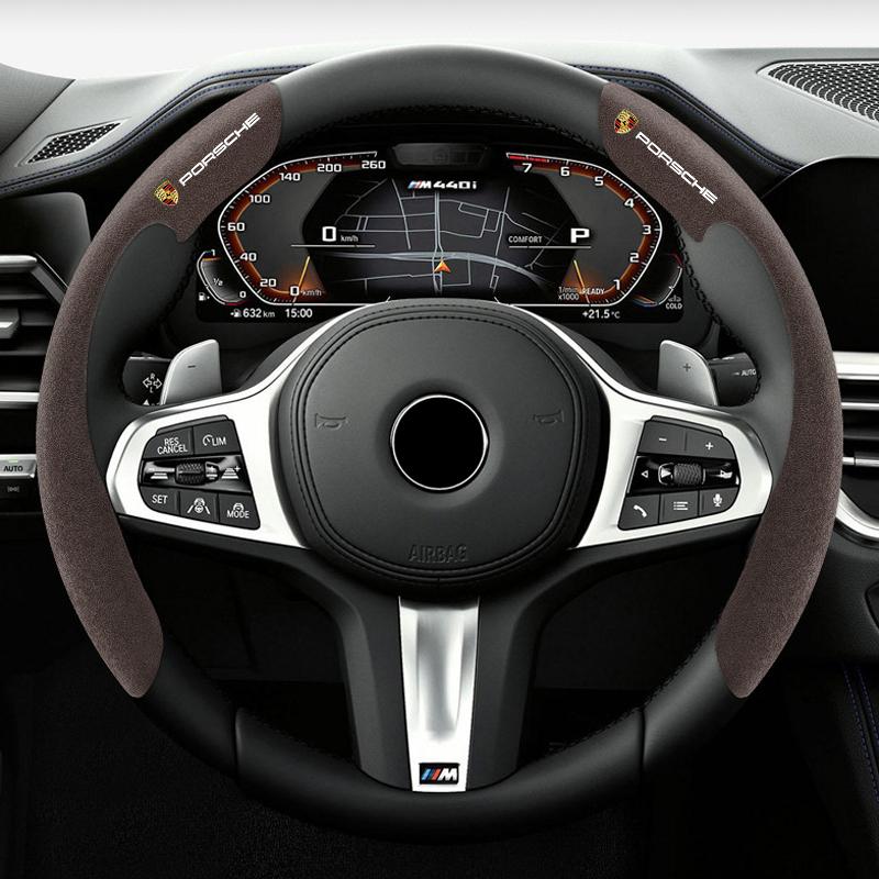 AIZ3 2Pcs Car Steering Wheel Cover Suede Anti-slip Cover For Porsche 911 Cayenne Carrera-GT 928 Panamera Boxster Macan 918-Spyder 968
