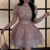 Puff Sleeve Fairy Elegant Dress Women Sweet Mesh Bow Ruffled Casual Dress Summer Square Collar Short Dresses Female 28136