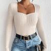 Women's Solid Ruched Sweerheart Neck Tee Casual Long Sleeve T Shirt for Fall Winter Women's Clothing for Daily Wear