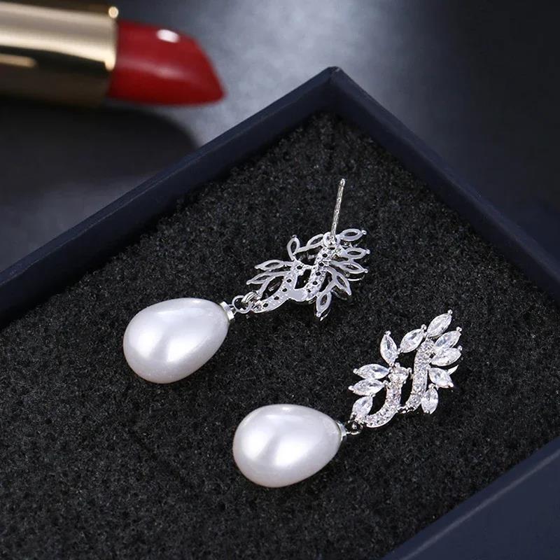 Huitan Noble Water Drop Design Imitation Pearl Women Drop Earrings Inlaid CZ Fashion Wedding Elegant Party Accessories Jewelry 1