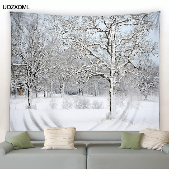 Рождественский гобелен на стене, природный белый лес, снежный настенный большой гобелен для вечеринки, гостиной, спальни, общежития, домашний декор