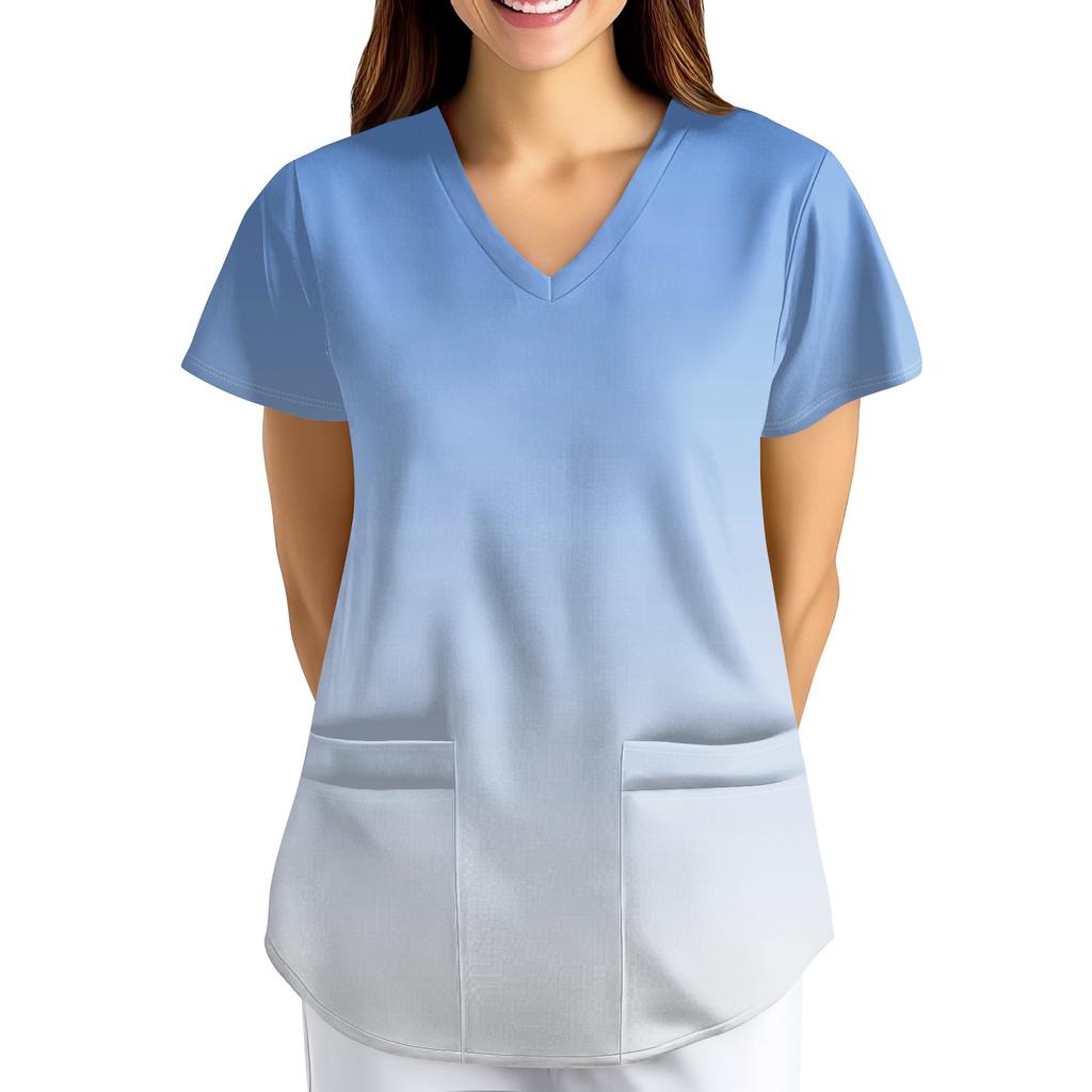 Большой размер Принтованный скраб Рабочая униформа Топы для женских V-образный вырез с запахом Принт Короткий рукав Веселые футболки Рабочая одежда Футболка с карманами