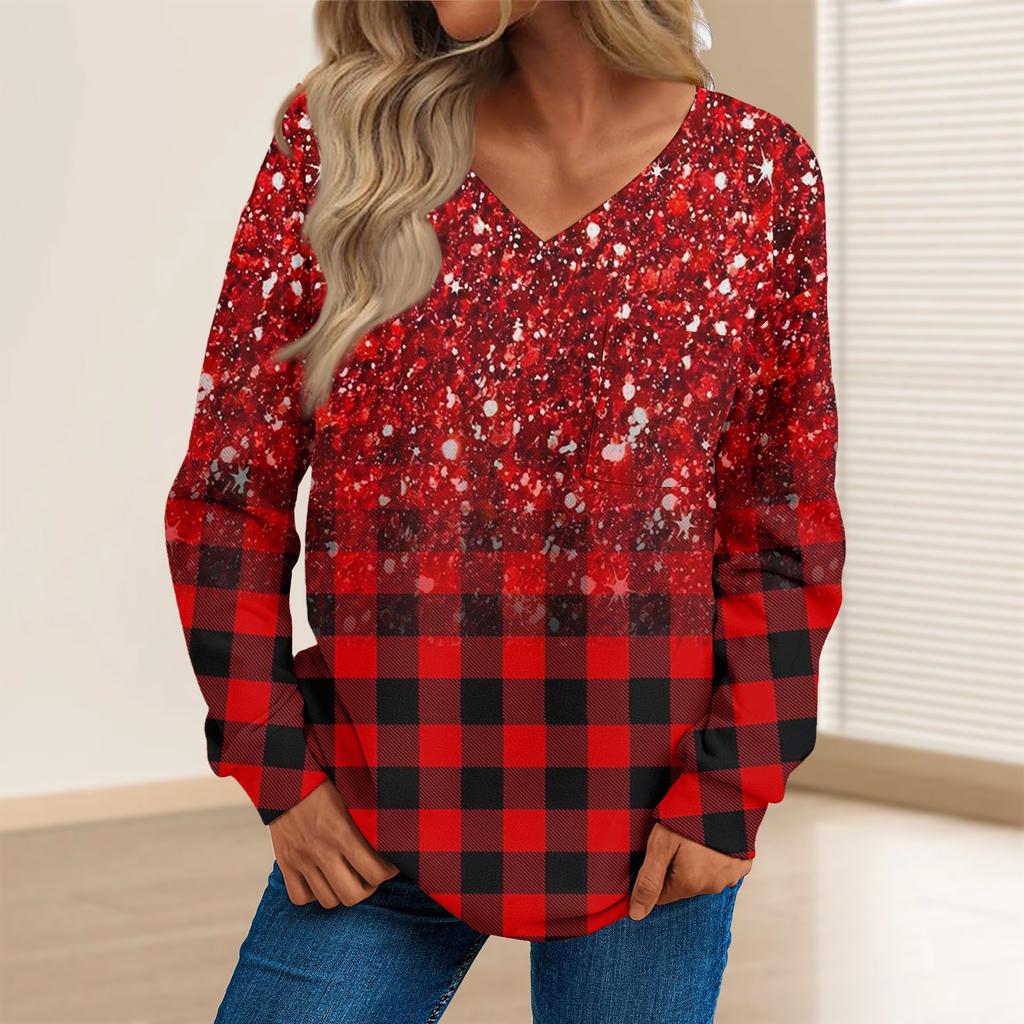 Women's Fashion Casual Long Sleeve Printed V- Neck Sweater Top