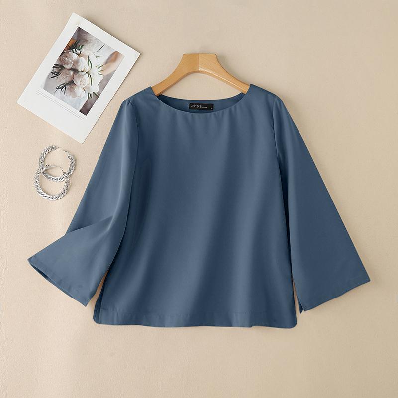 ZANZEA Женская повседневная однотонная свободная блузка с круглым вырезом и рукавом 3/4