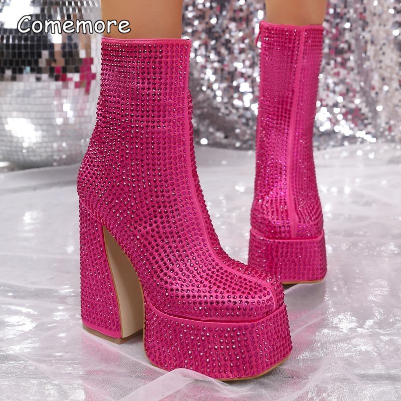 Супервысокие массивные ботильоны на каблуке со стразами Розово-розовые Женская модная обувь на платформе Боковая молния Кристальные ботильоны Женские ботинки