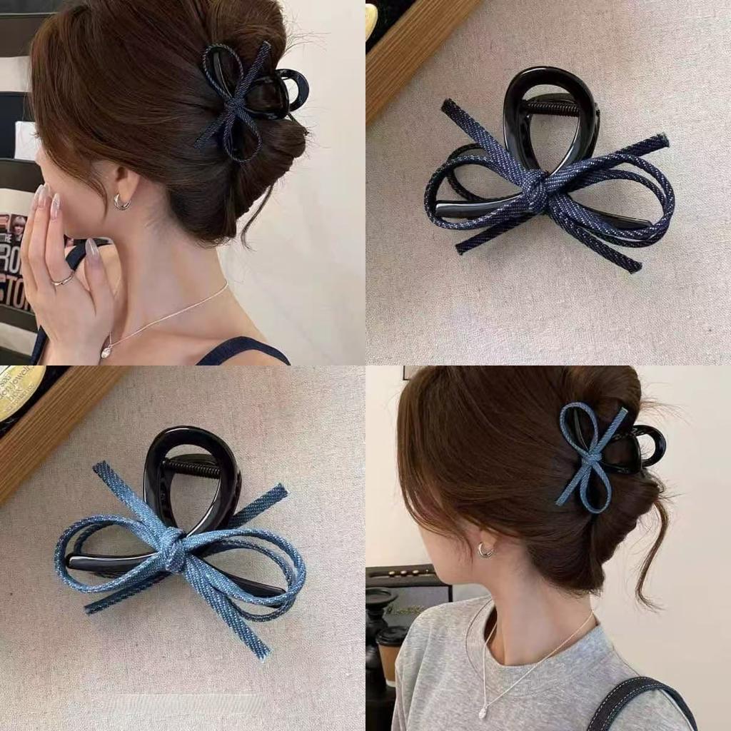 Salt And Sweet Simple Denim Bow Grab Clip Women'S New Back Head Hair Clip Shark Clip Hairpin Headdress