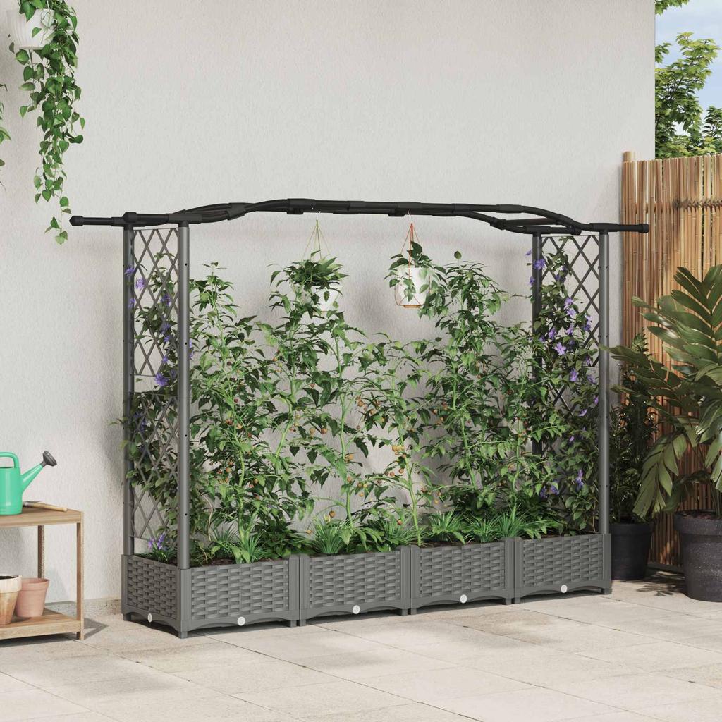 Raised Garden Bed with Trellis and Hanging Roof Light Grey 207 x 40 x 126 cm PP