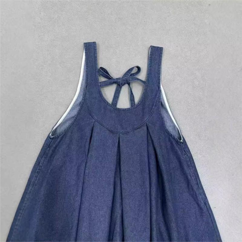 Johnature Japanese Denim Strap Dresses Autumn Loose Casual Lace Layered Sleeveless Casual Vest Dresses