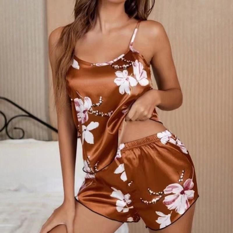 Women's Sleepwear Satin Pajama Set Summer Flower Print Pyjama Sexy Lingerie Women Sleeveless Nightwear Loungewear Home Clothing