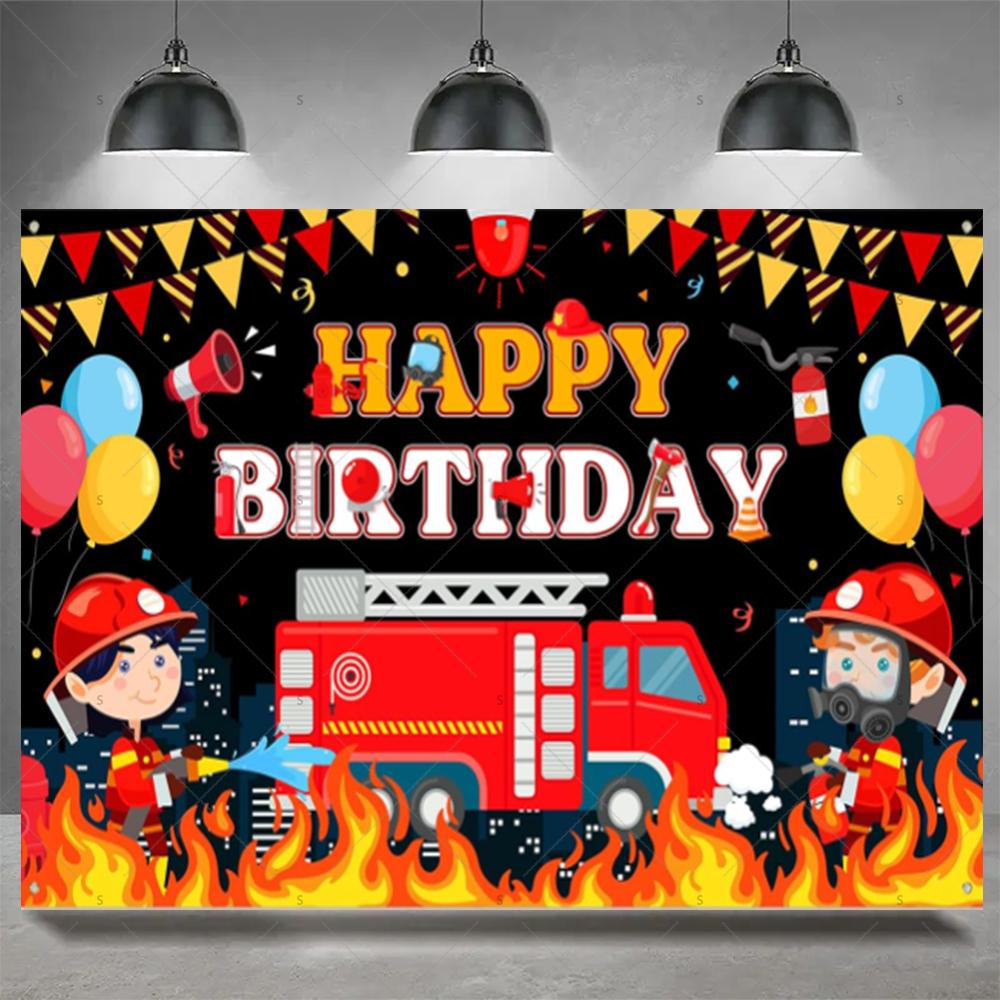 Firefighter Firetruck Theme BackgroundRed Fire Truck Children Boy Birthday Party Decor Baby Shower Photography Backdrop Props
