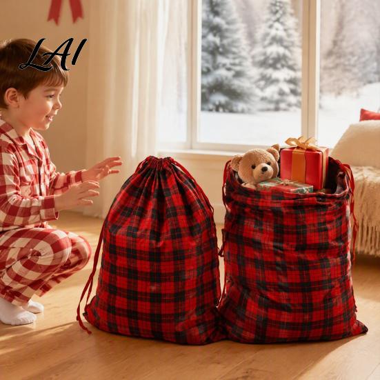 Polyester Cotton Gift Containers Christmas Buffalo Plaid Bag Reusable Drawstring Large Capacity Sacks Holiday Wrapping Candy Sack for Xmas