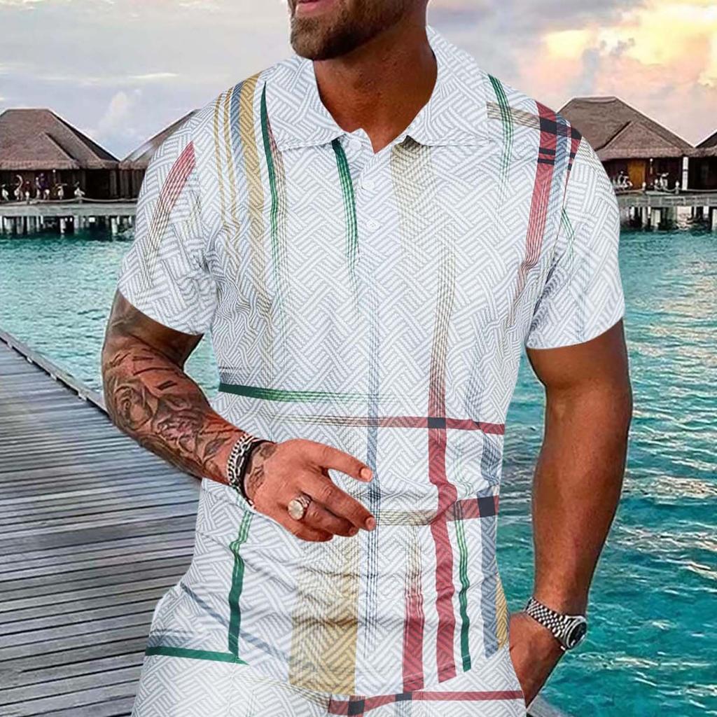 Мужская модная рубашка поло с коротким рукавом и лацканами с 3D-цифровой печатью, полосатая рубашка поло