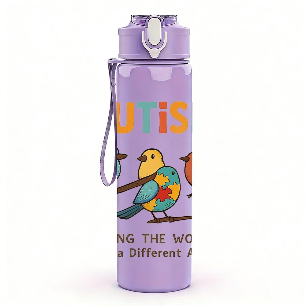 1PC Autism Colorful Bird Floral 750ml Color Plastic Sports Water Bottle Leakproof Flip Straw Lid Suitable for Sports Office Home Use