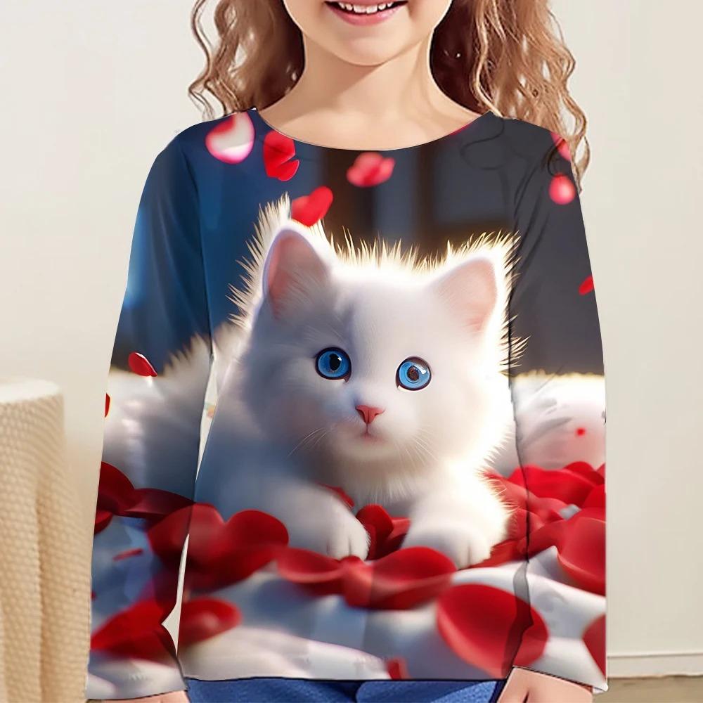 Children's Cute Cat 3D Digital Printed Girl Fashion Trend Round Neck Long Sleeved T-shirt
