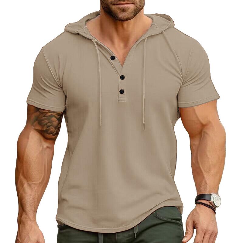 2024 Cross-Border Men's Short-Sleeve Henley Hoodie T-Shirt - European & American Style Fitness Top