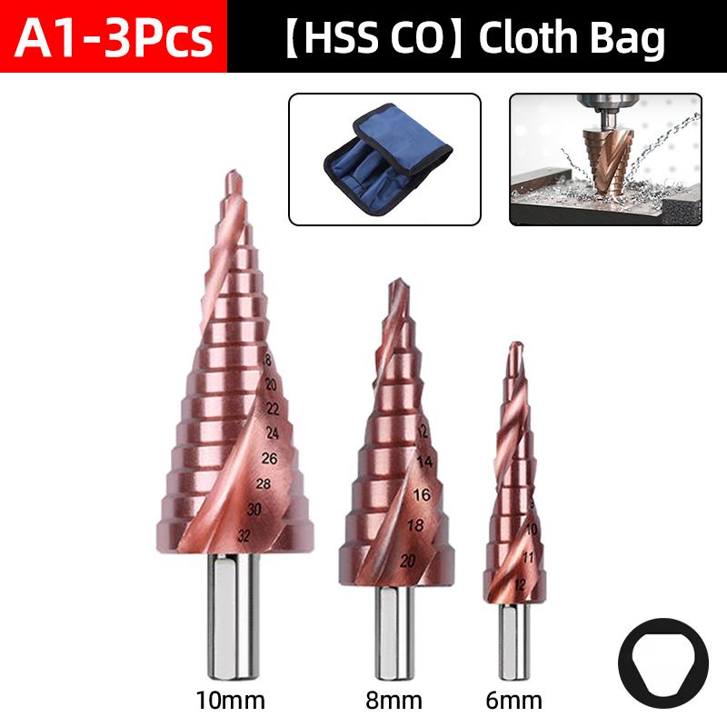 HSS-CO Cobalt Step Drill Bit For Stainless Steel Metal Wood Hole Cutter Spiral Groove Triangle Hex Shank Drilling Tools