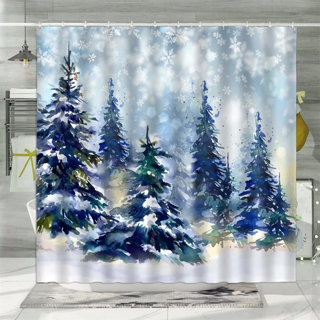 Christmas Shower Curtain, Winter Snowman Santa Claus Gnome Farm Farmhouse Cartoon Truck Christmas Tree Snowflake Bathroom Decor