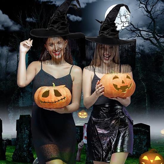 Шляпа ведьмы на Хэллоуин с заостренными кисточками, декорированная в черном темном стиле, с большими полями