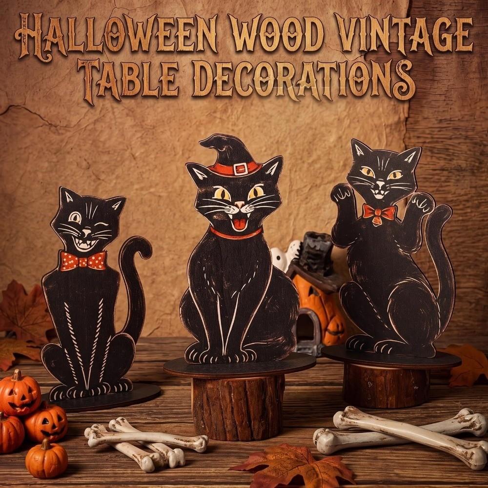 3 pcs Wooden Halloween Decorations Vintage Cat Decorative Plaques Sitting Cat Statue Study Room