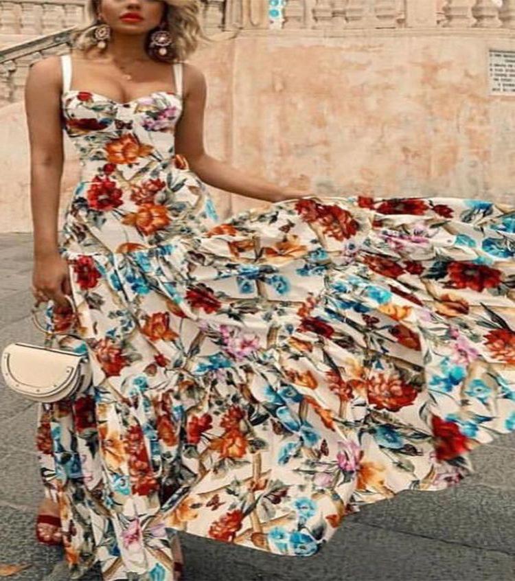 Летнее женское сексуальное платье без рукавов с принтом и длинными подтяжками 2025 года.