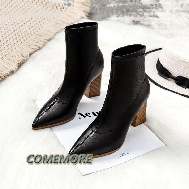 Женские ботильоны на толстом каблуке, весенне-осенние одинарные ботинки 2024, новые остроносые туфли на высоком каблуке 7 см, телесные туфли на среднем каблуке, черные ботинки