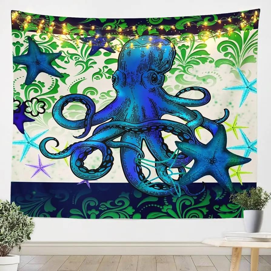 Psychedelic Octopus Tapestry,Sea Animal Tapestry Wall Hanging for Bedroom College Dorm Ocean Tapestries for Home Living Room