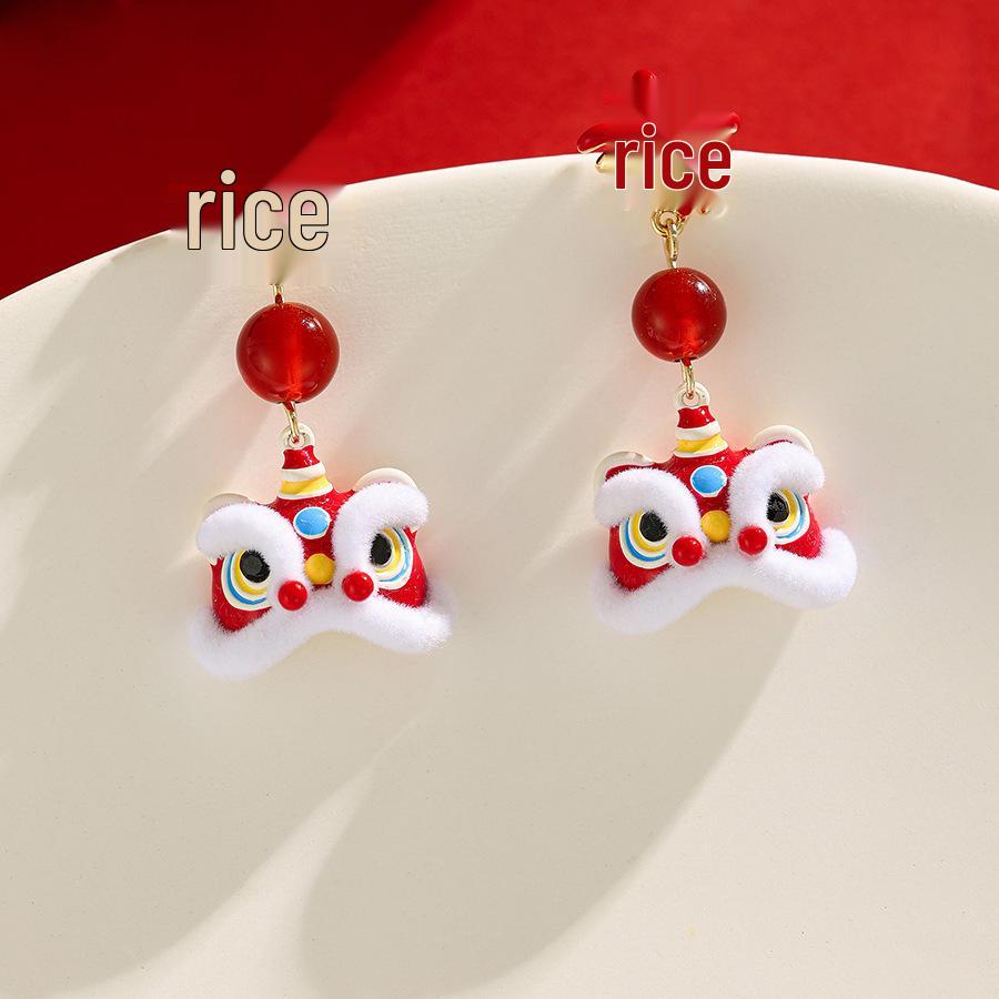 Silver Needle Dripping Oil Glass Lion Dance Earrings – Light Luxury, High-End Feel, Chinese New Year Festive Style Studs.