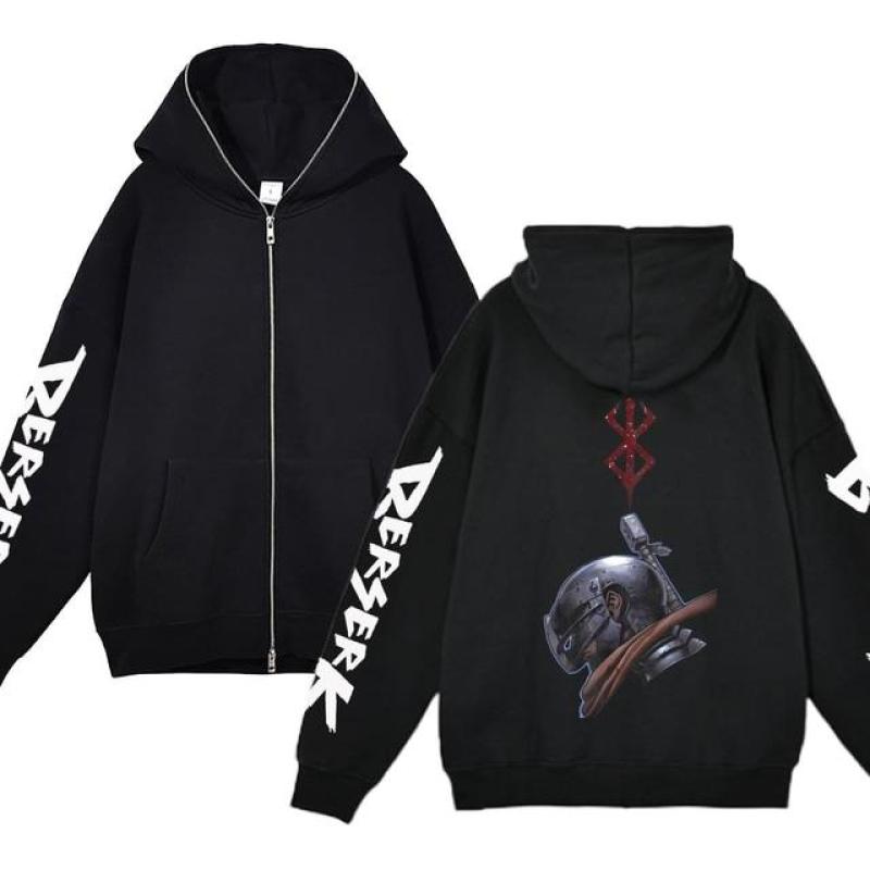 Осенние флисовые куртки на молнии с капюшоном в стиле аниме «Берсерк», толстовки с принтом, уличная одежда, свободные мужские толстовки с капюшоном в стиле Харадзюку, повседневные кардиганы, пальто