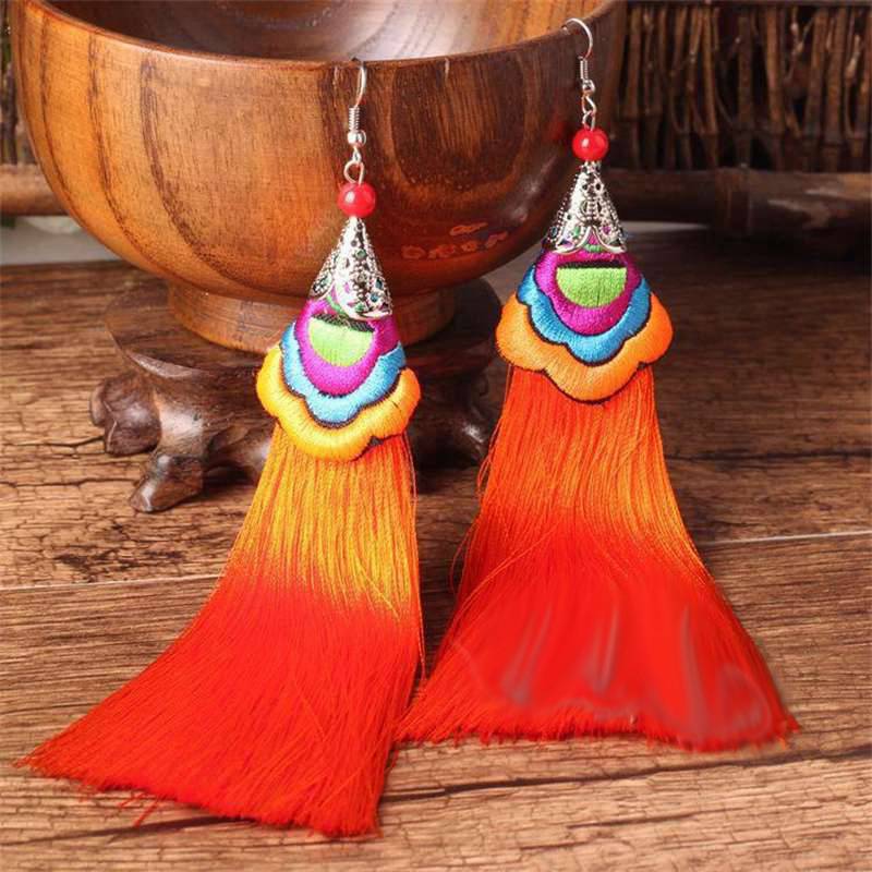 Вышитые серьги с кисточками в стиле ретро, ​​длинные этнические серьги с кисточками в этническом стиле