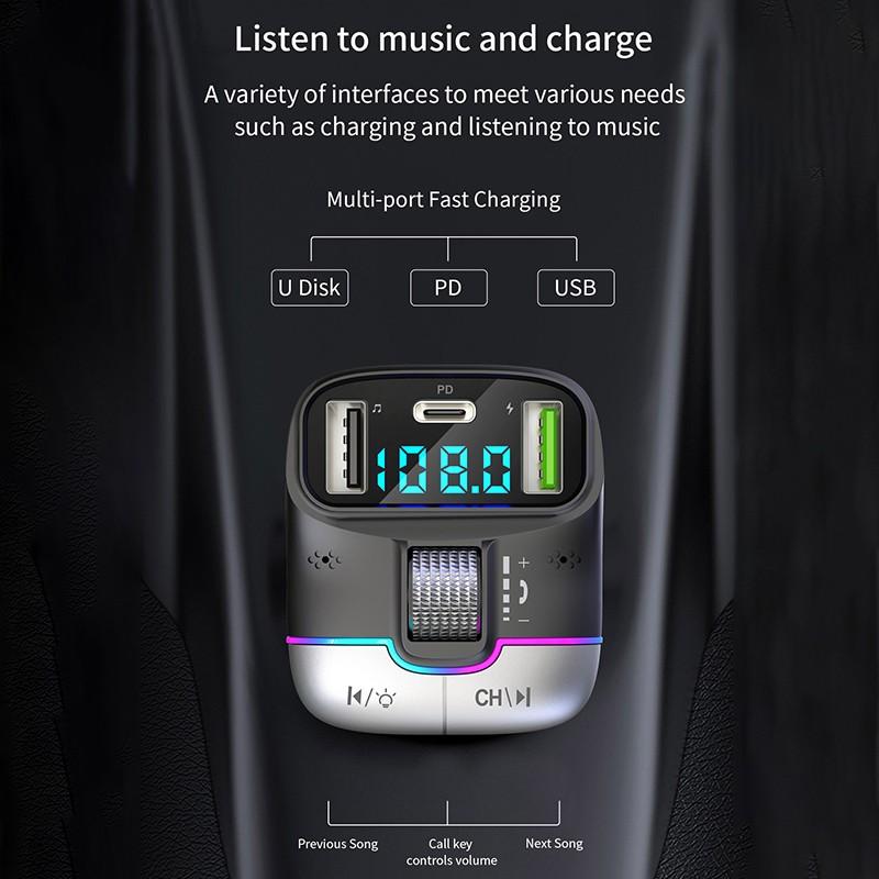 Bluetooth 5.3 FM-передатчик Handsfree автомобильный радиомодулятор MP3-плеер USB PD адаптер быстрой зарядки для смартфона
