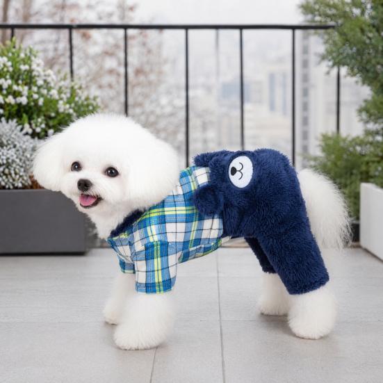 jijijing Fuzzy Bear Dog Jumpsuit, Cute Plaid Outfit, Warm 4-Legged Apparel, Plush Lined Cozy Onesie Clothes for Small Autumn Winter