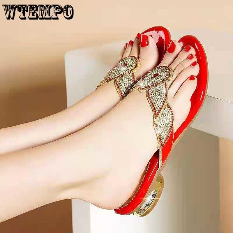 Women's Shoes Rhinestone Sandals Women's Soft Leather Bottom Flip-flops Korean Version Beach Shoes