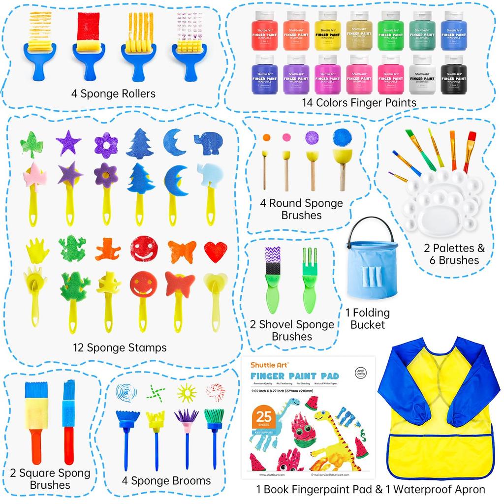 Shuttle Art Finger Paint Set 53 60ml with and for Perfect for Finger Art and Painting (14 Colors, Pieces, each) Sketchbook, Brush, Palette.